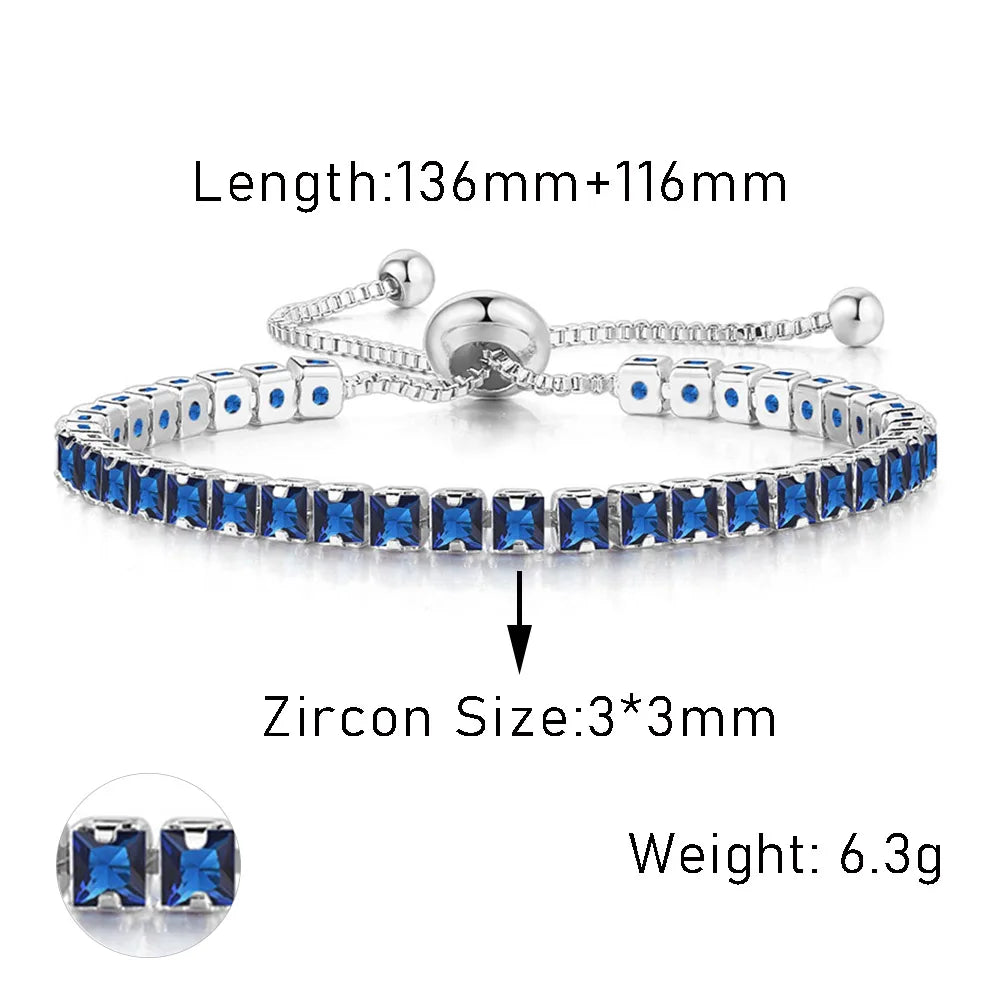 Trendy Blue Crystal Adjustable Tennis Bracelets for Unisex Women Men Various Shapes Iced Out CZ Short Chain on Hand Jewelry
