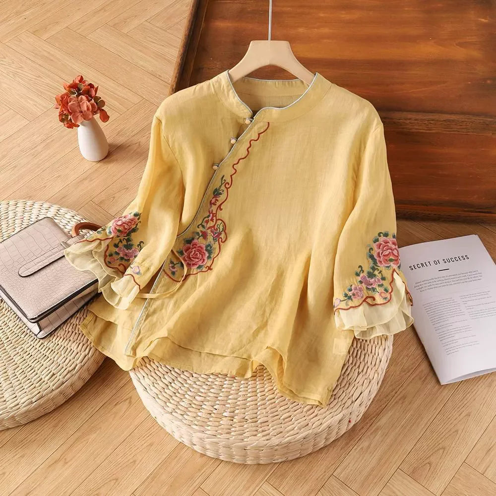 Loose Embroidered T-Shirts Women's Clothes Summer Vintage Woman Tshirt Casual Cotton Linen Ethnic Style Ladies T Shirt Blusas