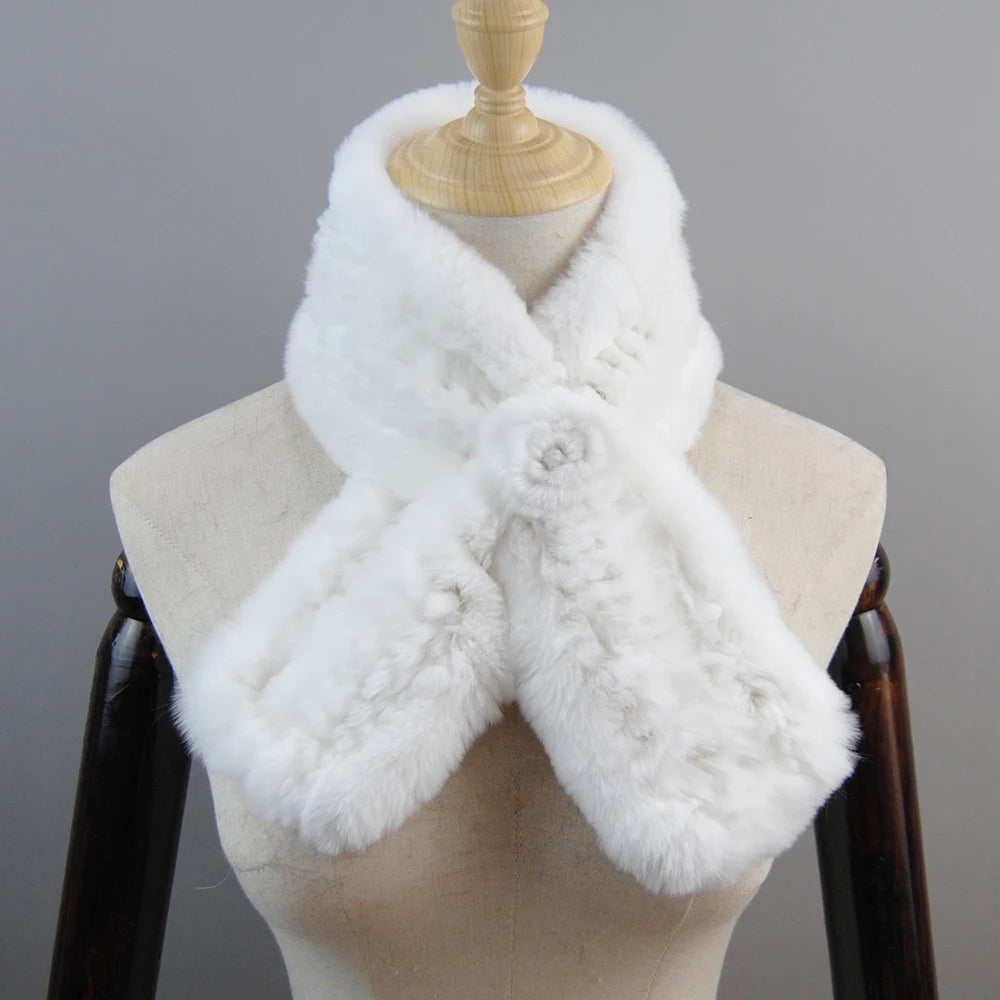 New Russian Women Knit Real Rex Rabbit Fur Scarf Lady Fashion Floral Rex Rabbit Fur Mufflers Hot Winter Warm Natural Fur Scarves