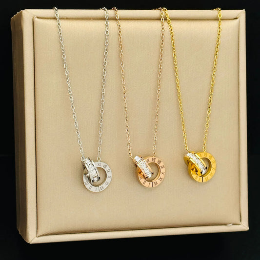 new stainless steel rose gold square diamond Roman numeral double-buckle short necklace