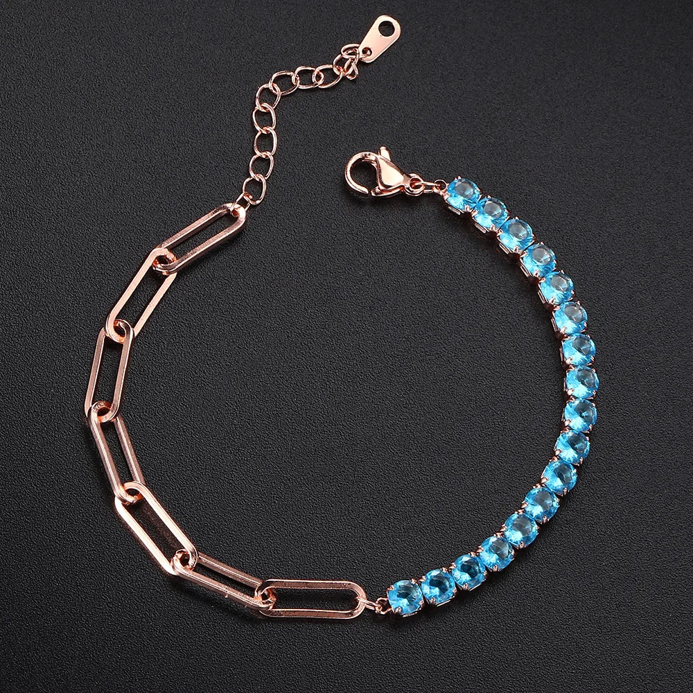 Trendy Blue Crystal Adjustable Tennis Bracelets for Unisex Women Men Various Shapes Iced Out CZ Short Chain on Hand Jewelry