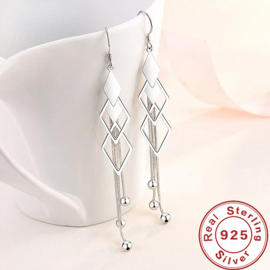 SAIYE  Fashion 925 Sterling Silver Long Earrings Diamond-Shaped Geometric Earrings For Women'S Wedding Charm Jewelry Gifts