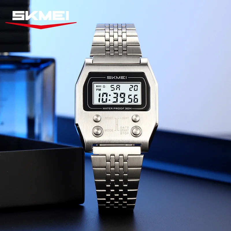 SKMEI 2460 Mens Wristwatches Stainless Steel Sport Luxury Retro LED Electronic Waterproof Digital Watch for Men Reloj Hombre
