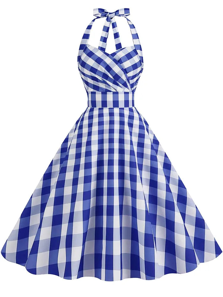 Elegant Polka Dot Party Dress Women Summer Halter High Waist 50s Vintage Fit and Flare Backless Retro Dresses