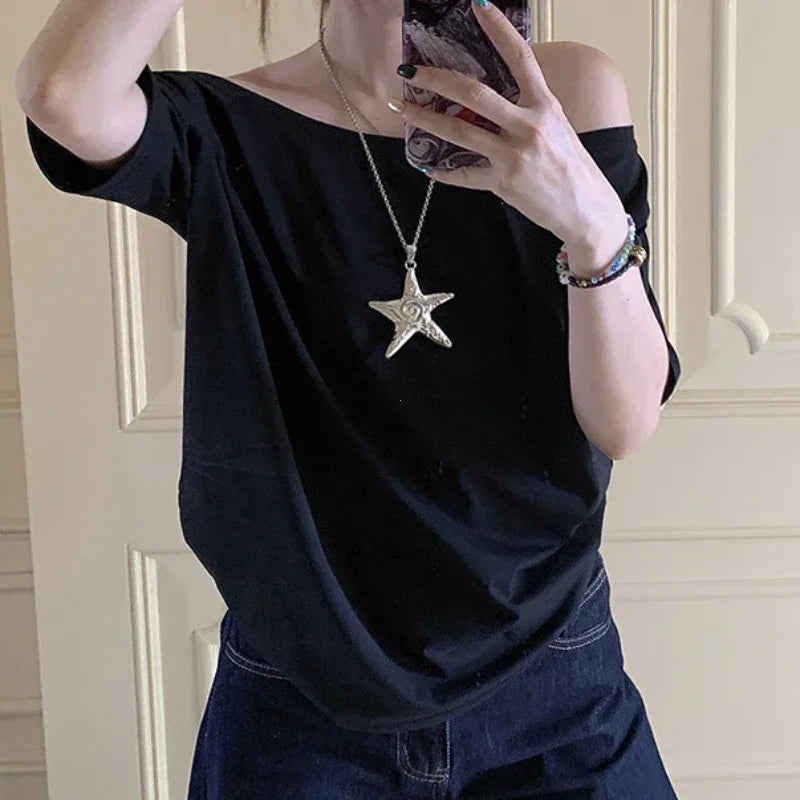 Y2k Top Aesthetic Clothes Ins T-shirts Women Solid Simple Summer Casual Cleanfit Short Sleeve All-match Young Girls Streetwear