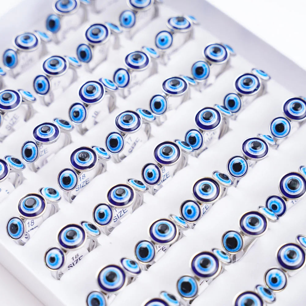 20Pcs/Lot Lucky Blue Devil's Eyes with Heart Rhinestone Pearl Stainless Steel Rings for Men Women Wedding Jewelry Party Gifts
