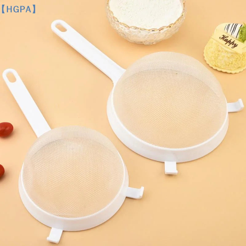 【HGPA】1Pcs Plastic Fine Mesh Spoon Strainer Kitchen Nut Milk Filter Flour Sieve With Handle Soy Milk Filter Colanders Tools