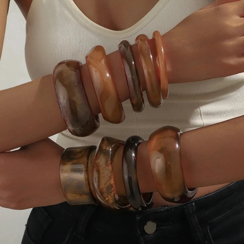 Vintage Punk Brown Coffee Thick Resin Acrylic Smudging Bangles Geometric Irregular Bangle Bracelets For Women Men Jewelry