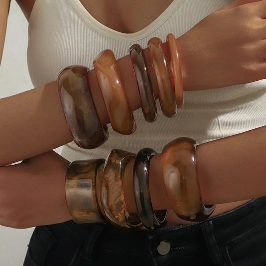 Vintage Punk Brown Coffee Thick Resin Acrylic Smudging Bangles Geometric Irregular Bangle Bracelets For Women Men Jewelry