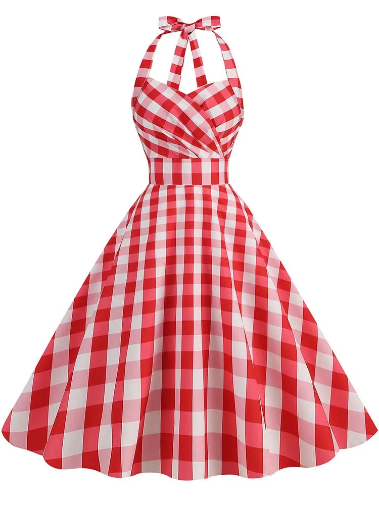 Elegant Polka Dot Party Dress Women Summer Halter High Waist 50s Vintage Fit and Flare Backless Retro Dresses