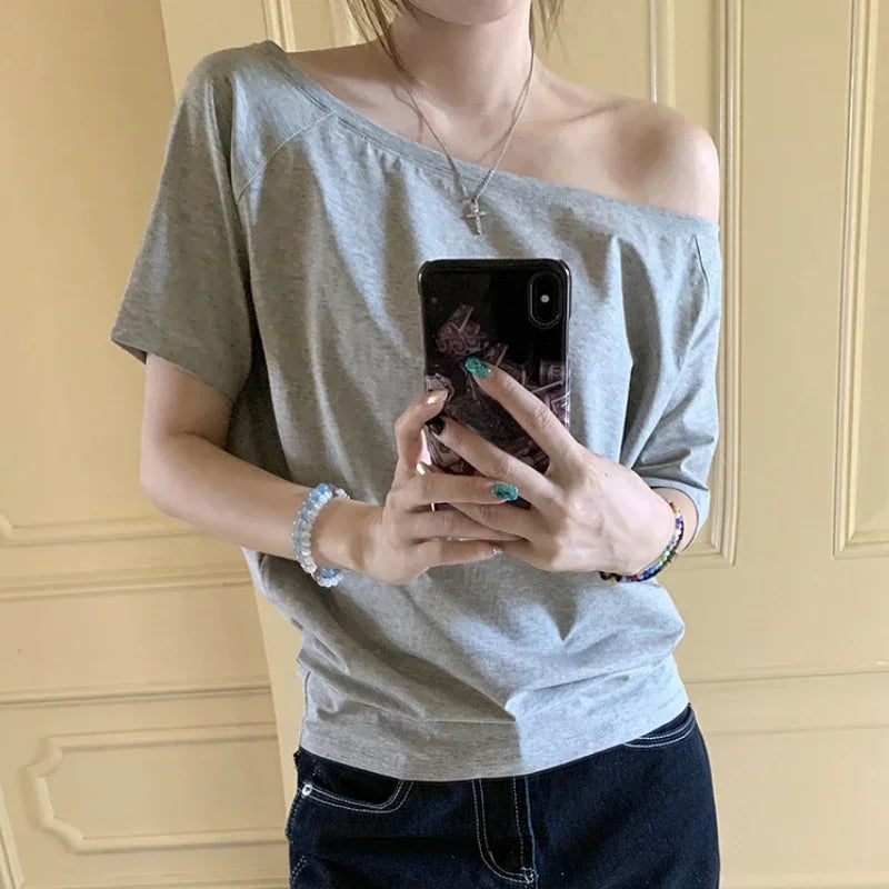 Y2k Top Aesthetic Clothes Ins T-shirts Women Solid Simple Summer Casual Cleanfit Short Sleeve All-match Young Girls Streetwear