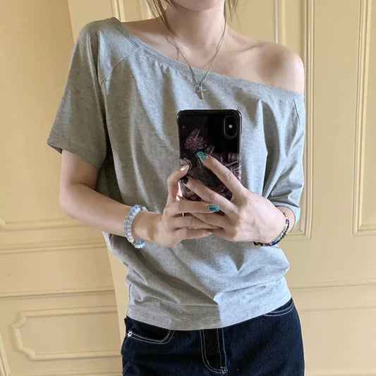 Y2k Top Aesthetic Clothes Ins T-shirts Women Solid Simple Summer Casual Cleanfit Short Sleeve All-match Young Girls Streetwear