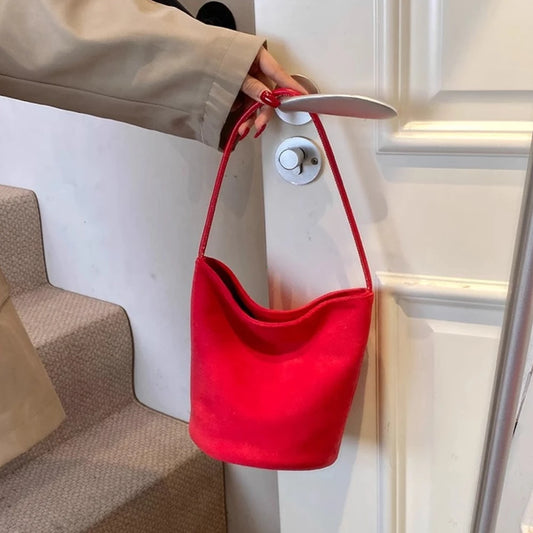 Women Suede Bucket Bag Faux Suede Shoulder Bag Large Capacity Women's Commuting Bags Retro Trendy Solid Color Tote Handbags 2025