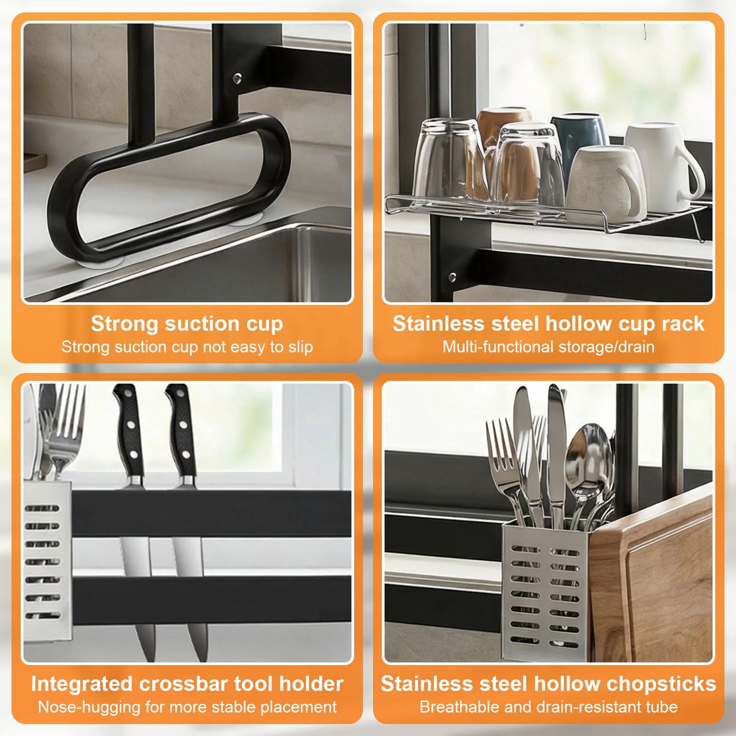 Stainless Steel 2/3Layer Dish Drainer Kitchen Dish Rack with Utensil Holder Anti-Slip Sink Organizer for Home Storage Accessor