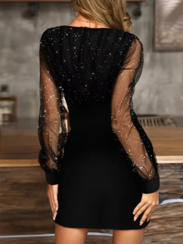 Sexy V-neck Transparent Long Sleeved Dress Women's Solid Color Sequin Dresses Party Fashionable Elegant Autumn Clothes