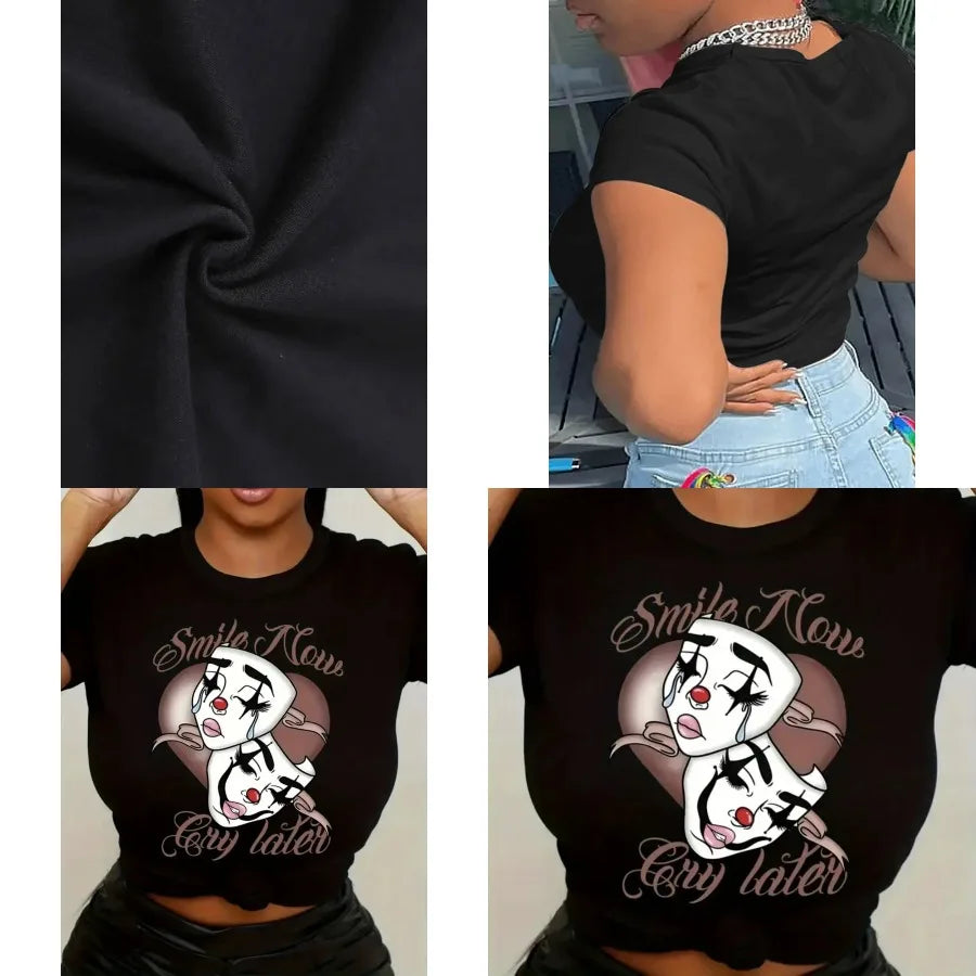 kunxia-Clown Mask Print T-Shirt Short Sleeve Round Neck Casual Topfemale clothes