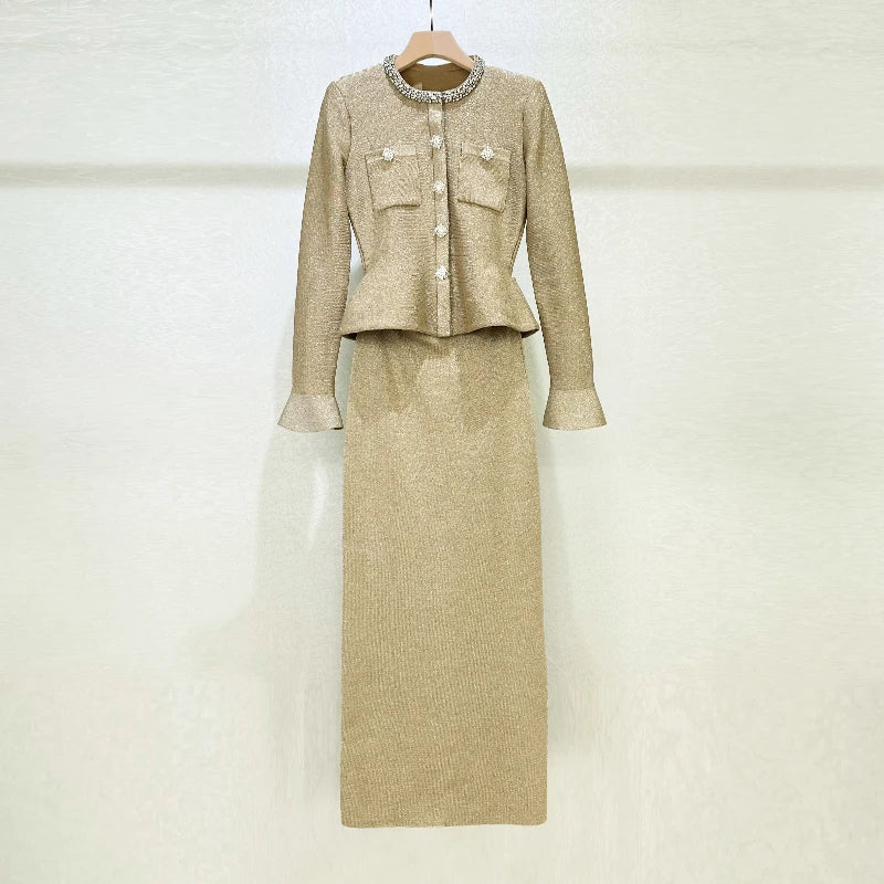 2025 Spring New Women's RoundNeck Diamond-Embellished Long-Sleeved Knitted DressY2K High-Quality Fashionable Commuter Maxi Dress