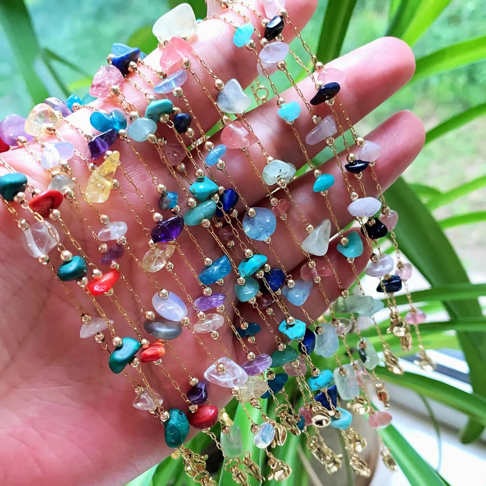 Irregular Natural Chip Stone Crystal Bracelet Healing Citrines Amethysts Pink Quartz Charm Stainless Steel Tiny Chain Bracelet