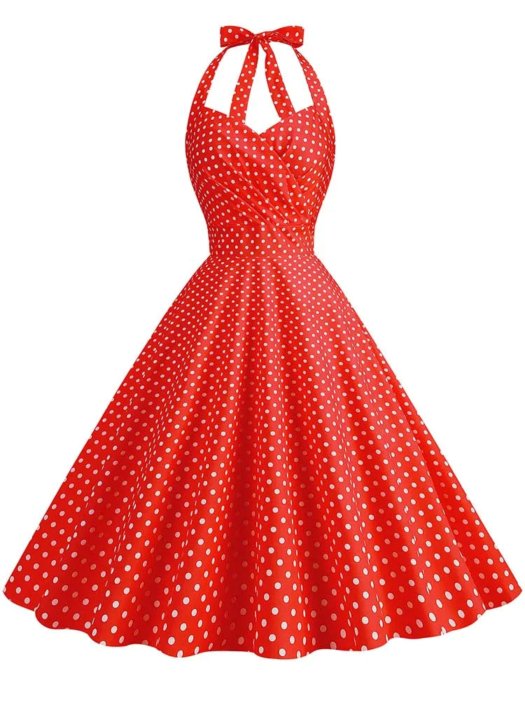 Elegant Polka Dot Party Dress Women Summer Halter High Waist 50s Vintage Fit and Flare Backless Retro Dresses