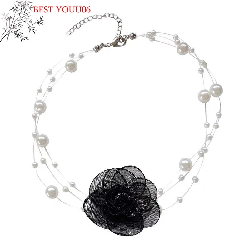 (YOUU06)French Romantic Black And White Choker Flower Pearl Necklace Female Summer Clavicle Chain