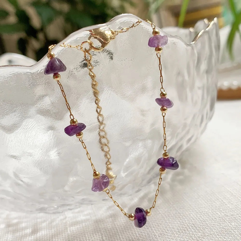 Irregular Natural Chip Stone Crystal Bracelet Healing Citrines Amethysts Pink Quartz Charm Stainless Steel Tiny Chain Bracelet