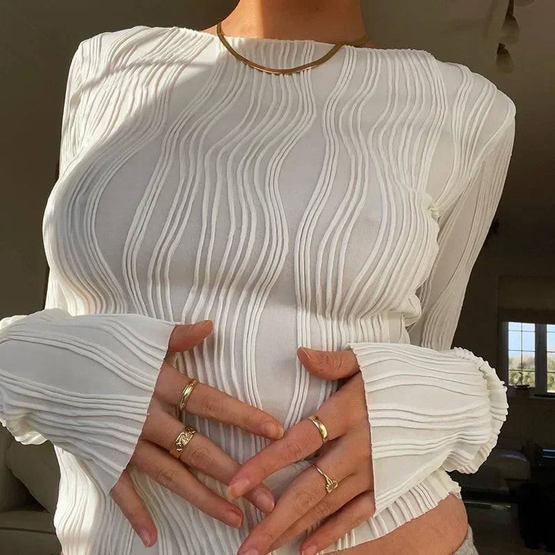 2024 Autumn Ruched Long Sleeve T Shirts Women Casual White Skinny Black Basic Tee Fashion Street Cropped Top Y2K Clothes T-shirt