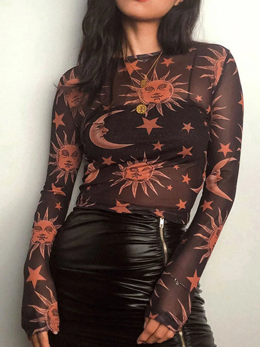 Sun Moon Printed Transparent Mesh Sexy T-Shirt Women O-Neck Long Sleeve Slim Basic Casual Female Tops 2023 Spring New