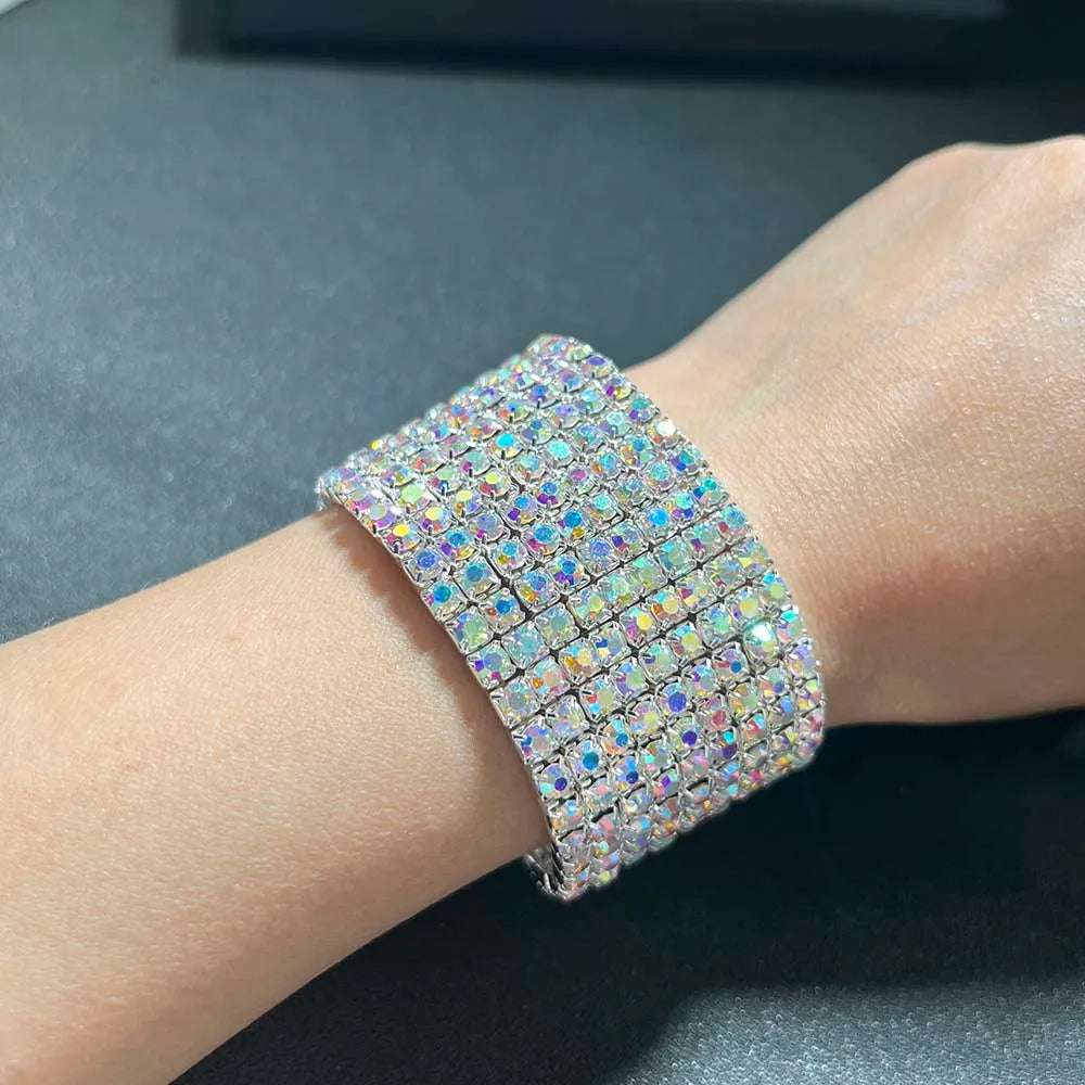 TREAZY Stunning AB Color Rhinestones Wedding Bangles Silver Plated Crystal Stretch Bracelet for Women Wristband Elastic Jewelry