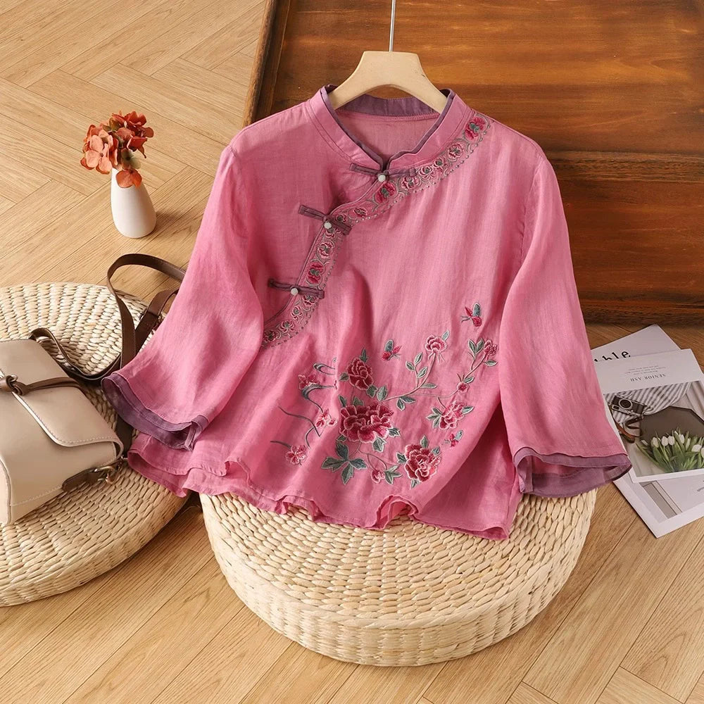 Loose Embroidered T-Shirts Women's Clothes Summer Vintage Woman Tshirt Casual Cotton Linen Ethnic Style Ladies T Shirt Blusas