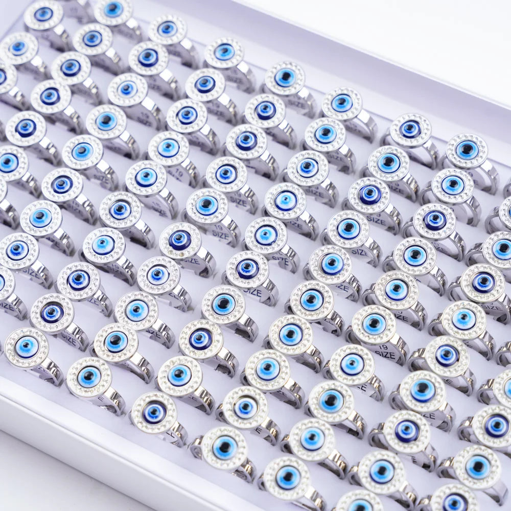 20Pcs/Lot Lucky Blue Devil's Eyes with Heart Rhinestone Pearl Stainless Steel Rings for Men Women Wedding Jewelry Party Gifts