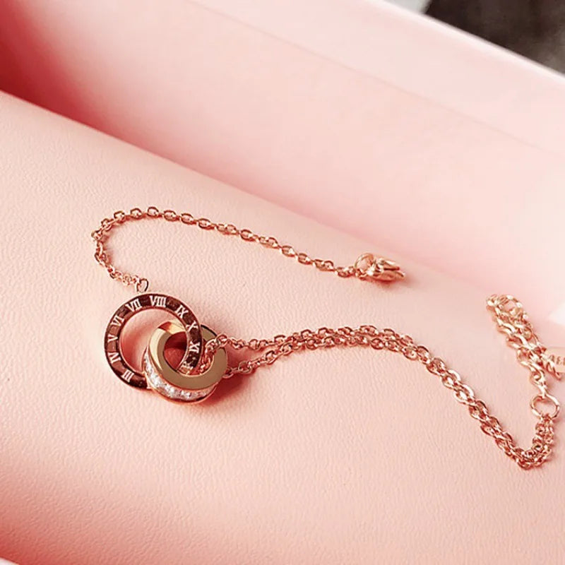 Luxury Simple Titanium Steel With Zircon Bracelet For Women Girls Circles Roman Number Design Fashion Charm Party Jewelry Gift