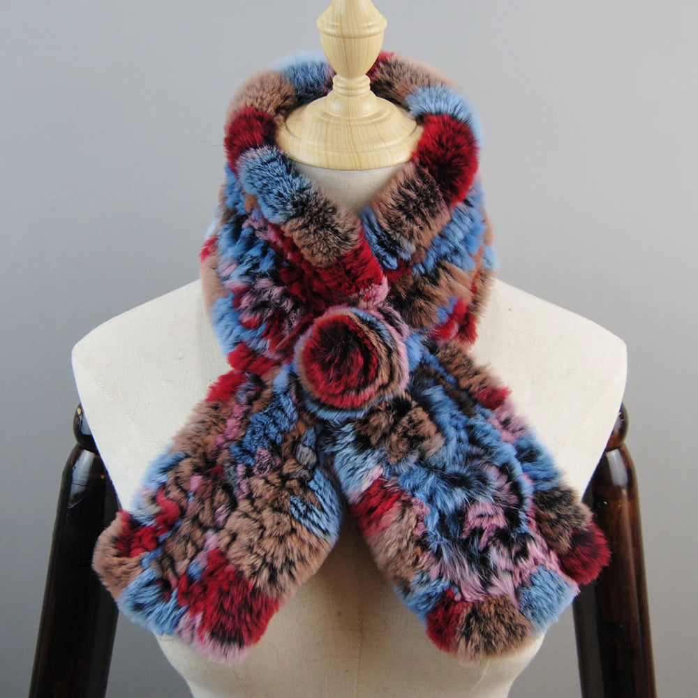 New Russian Women Knit Real Rex Rabbit Fur Scarf Lady Fashion Floral Rex Rabbit Fur Mufflers Hot Winter Warm Natural Fur Scarves