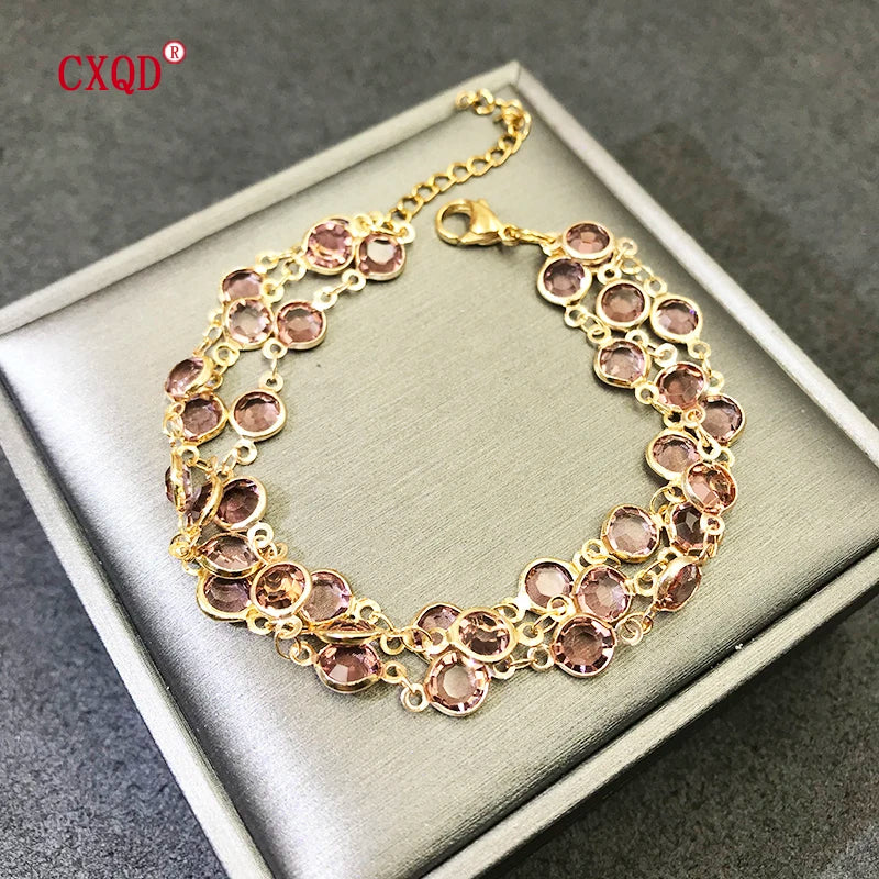 Beautiful Fashion Multicolor Stainless Steel Lobster Clasp Glass Copper Combination Golden Bracelets For Women Girls Kids Gift