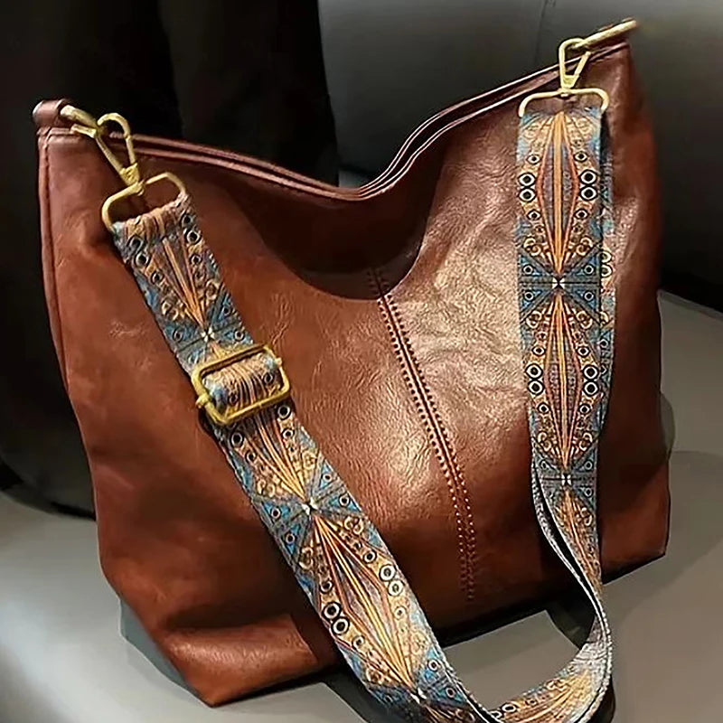 Womens Fashion Shoulder Sling Bag Vintage Brown PU Leather High-Capacity Simple Wide Strap Bucket Crossbody Female Commuter Bags