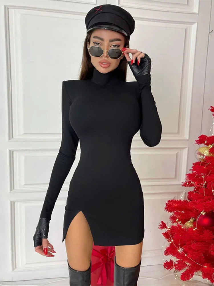 Women Spring Autumn Long Sleeve Bodycon Soild Color Black Slim Package Hip Mini Dress 2024 Female Clothing Streetwear