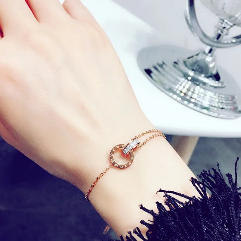 Luxury Simple Titanium Steel With Zircon Bracelet For Women Girls Circles Roman Number Design Fashion Charm Party Jewelry Gift