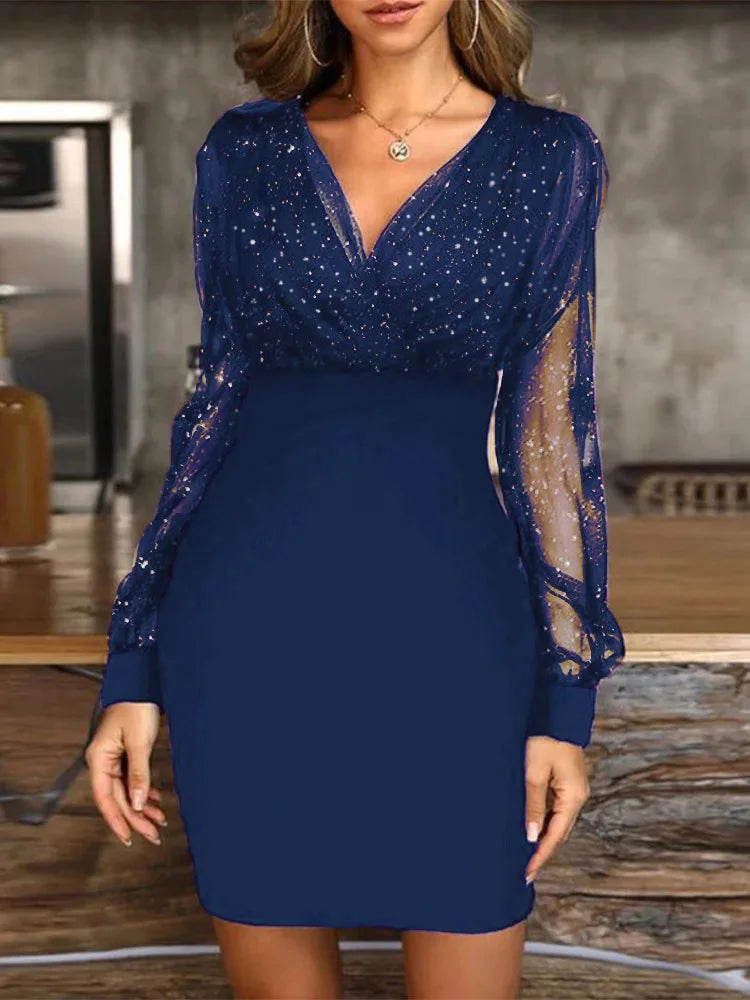 Sexy V-neck Transparent Long Sleeved Dress Women's Solid Color Sequin Dresses Party Fashionable Elegant Autumn Clothes