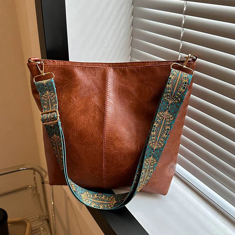 Womens Fashion Shoulder Sling Bag Vintage Brown PU Leather High-Capacity Simple Wide Strap Bucket Crossbody Female Commuter Bags