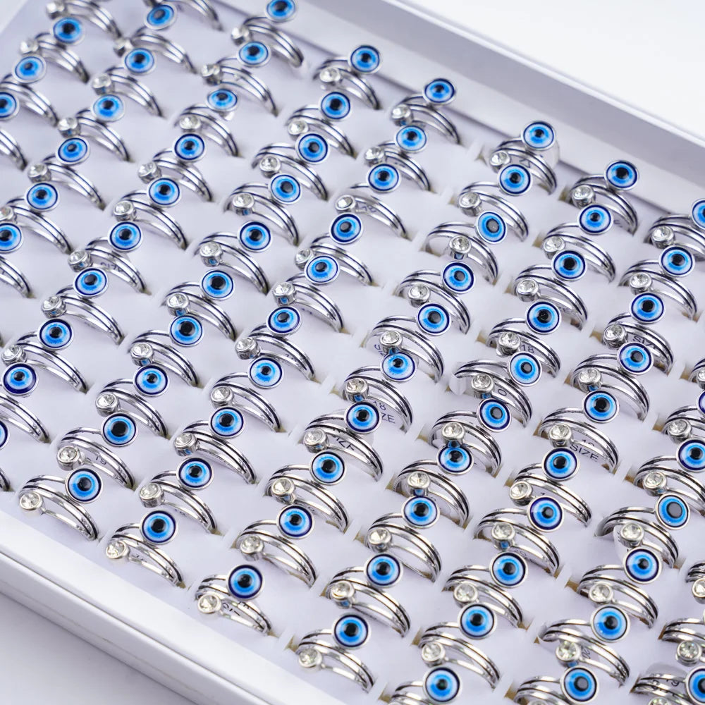 20Pcs/Lot Lucky Blue Devil's Eyes with Heart Rhinestone Pearl Stainless Steel Rings for Men Women Wedding Jewelry Party Gifts