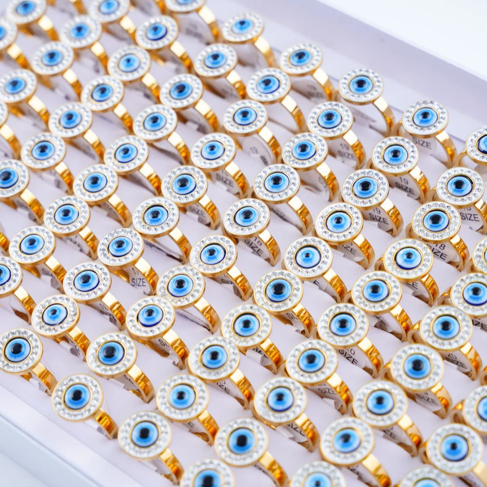 20Pcs/Lot Lucky Blue Devil's Eyes with Heart Rhinestone Pearl Stainless Steel Rings for Men Women Wedding Jewelry Party Gifts