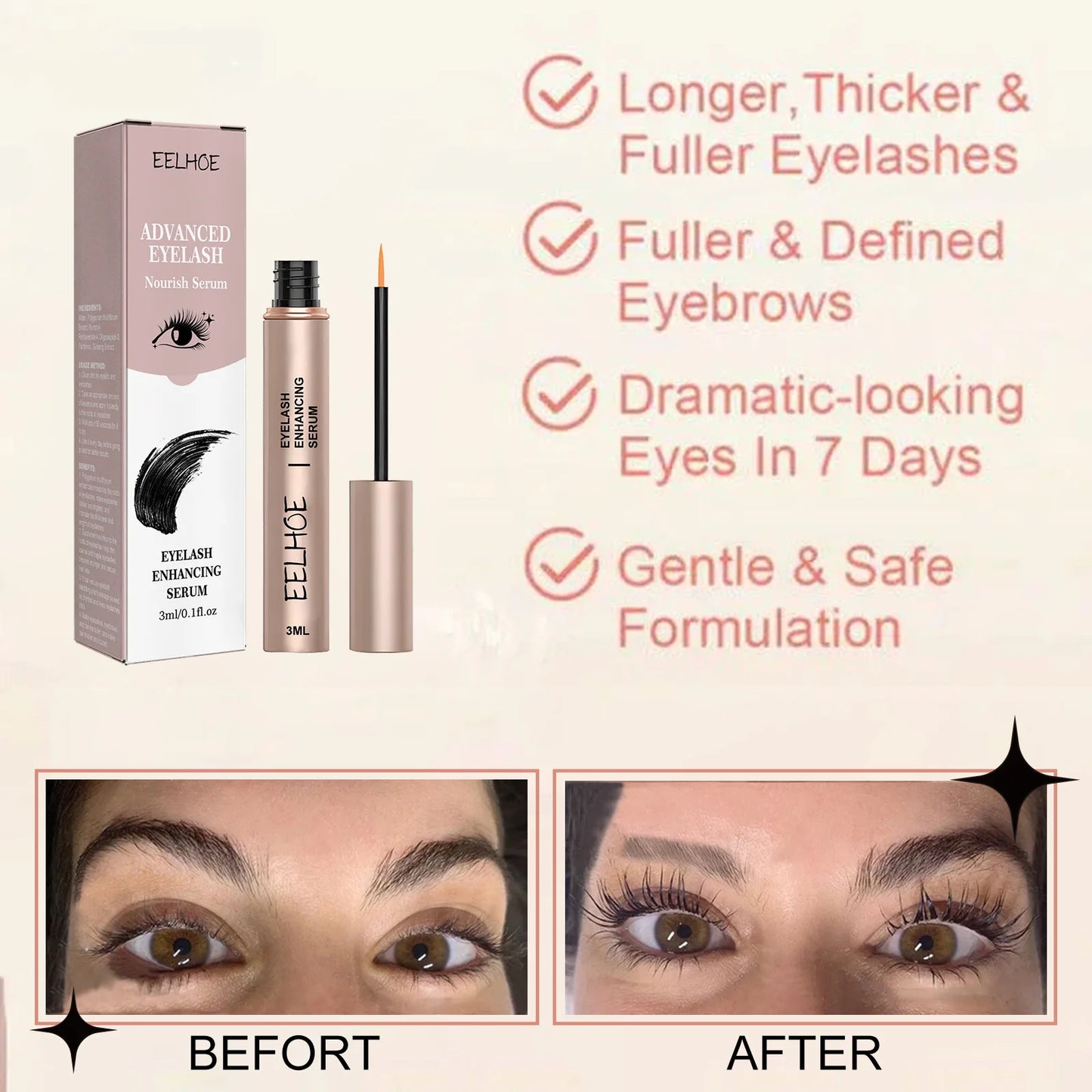 EELHOE Eyelash Growth Serum Lifting Eyelashes Enhancer Eye Lash Fuller Thicker Nourish Lashes Longer Lengthening Eyebrow Essence