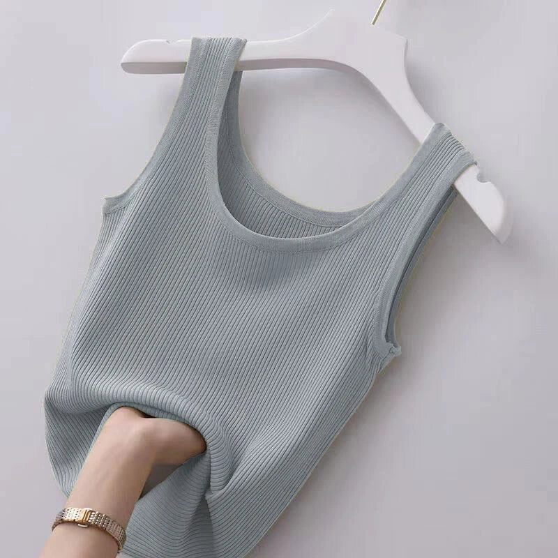 Slim Sleeveless Women 2024 NEW Casual T-shirts Women's Summer Inner Ice Silk Bottoming Tank Tops O-neck Solid Knit Sweater Vest