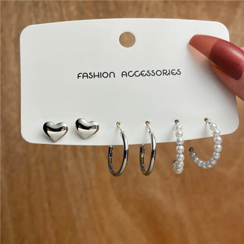 Trendy Silver Color Earrings Set for Women Girls Simple Pearl Metal Butterfly Snake Circle Hoop Earrings 2024 New Fashion