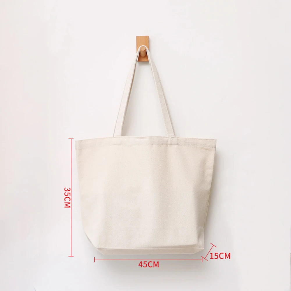Women Canvas Shoulder Bag Solid Color Casual Tote Bag Reusable Large Capacity Cotton Handbag Shopping Beach Bag Beige/White