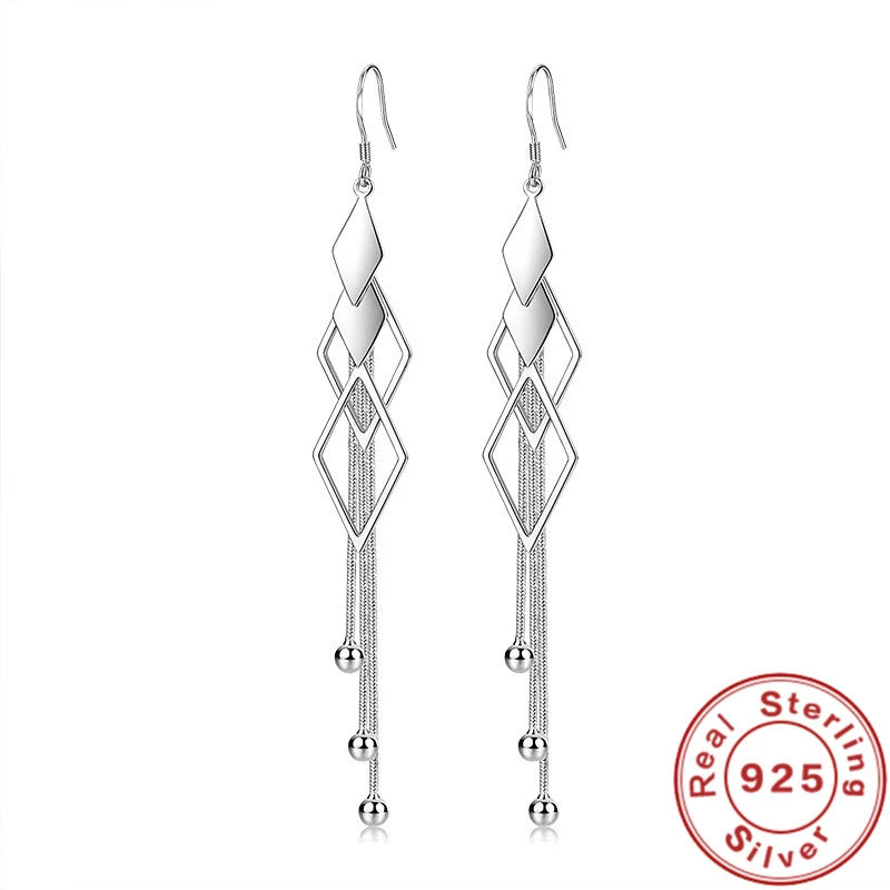 SAIYE  Fashion 925 Sterling Silver Long Earrings Diamond-Shaped Geometric Earrings For Women'S Wedding Charm Jewelry Gifts