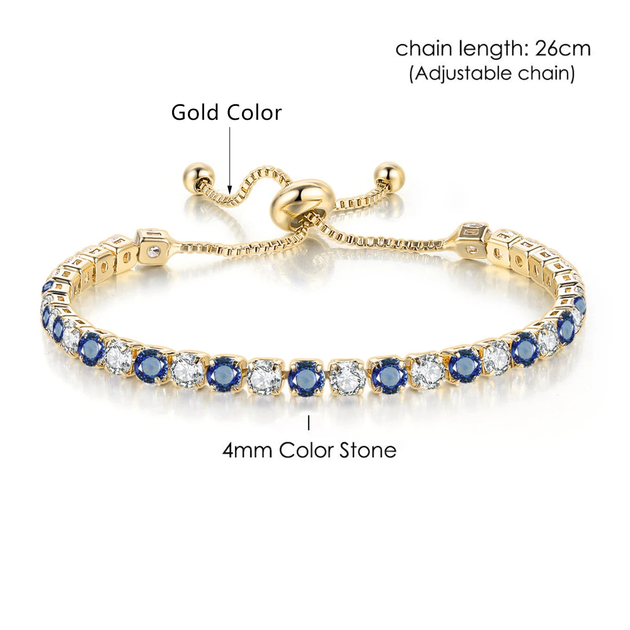 Trendy Blue Crystal Adjustable Tennis Bracelets for Unisex Women Men Various Shapes Iced Out CZ Short Chain on Hand Jewelry