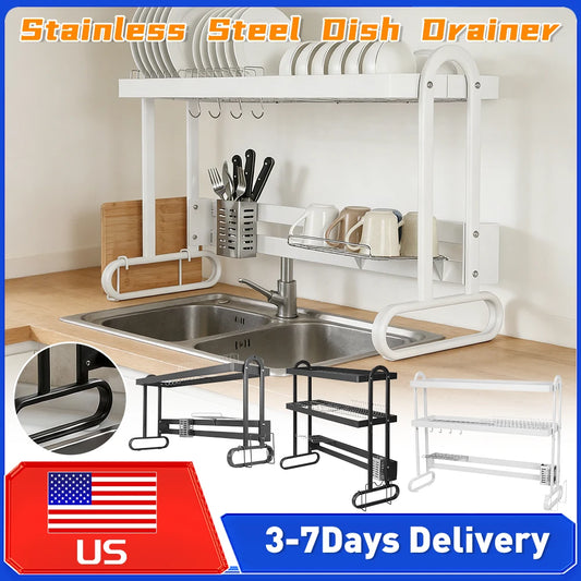 Stainless Steel 2/3Layer Dish Drainer Kitchen Dish Rack with Utensil Holder Anti-Slip Sink Organizer for Home Storage Accessor