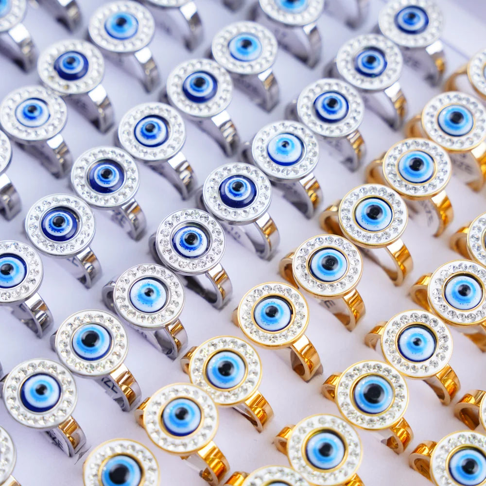 20Pcs/Lot Lucky Blue Devil's Eyes with Heart Rhinestone Pearl Stainless Steel Rings for Men Women Wedding Jewelry Party Gifts