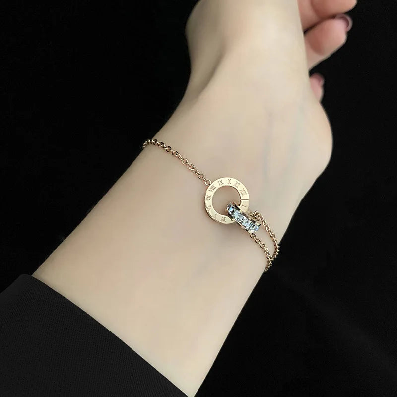 Luxury Simple Titanium Steel With Zircon Bracelet For Women Girls Circles Roman Number Design Fashion Charm Party Jewelry Gift