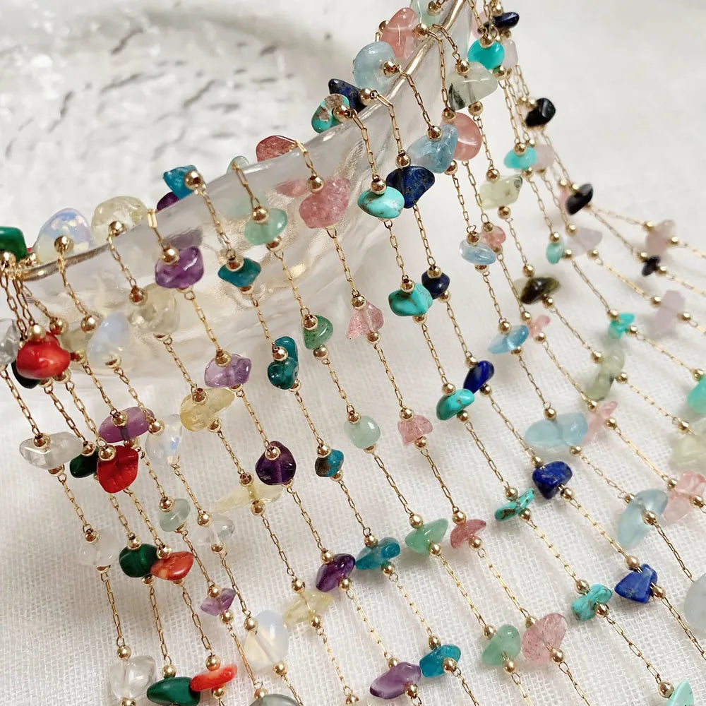 Irregular Natural Chip Stone Crystal Bracelet Healing Citrines Amethysts Pink Quartz Charm Stainless Steel Tiny Chain Bracelet